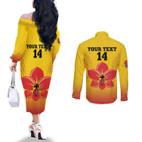 Orchids PNG Rugby Custom Couples Matching Off The Shoulder Long Sleeve Dress and Long Sleeve Button Shirt Go Champions Papua New Guinea LT14 - Polynesian Pride