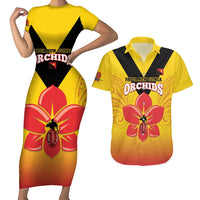 Orchids PNG Rugby Custom Couples Matching Short Sleeve Bodycon Dress and Hawaiian Shirt Go Champions Papua New Guinea LT14 Yellow - Polynesian Pride