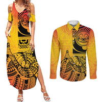 Marquesas Islands Couples Matching Summer Maxi Dress and Long Sleeve Button Shirt Marquesan Matatiki Fish Hook Patutiki - Polynesian Pride