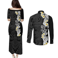 Black Samoa Tattoo Couples Matching Puletasi and Long Sleeve Button Shirt Plumeria Samoan Ocean Tatau Pattern - Polynesian Pride