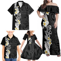 Black Samoa Tattoo Family Matching Off Shoulder Maxi Dress and Hawaiian Shirt Plumeria Samoan Ocean Tatau Pattern - Polynesian Pride