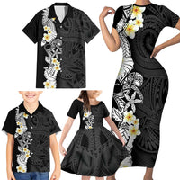 Black Samoa Tattoo Family Matching Short Sleeve Bodycon Dress and Hawaiian Shirt Plumeria Samoan Ocean Tatau Pattern LT14 - Polynesian Pride