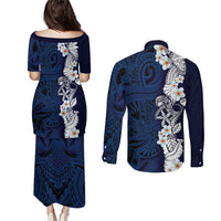 Blue Samoa Tattoo Couples Matching Puletasi and Long Sleeve Button Shirt Plumeria Samoan Ocean Tatau Pattern - Polynesian Pride