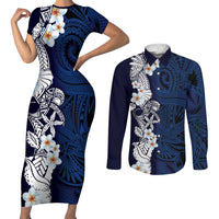 Blue Samoa Tattoo Couples Matching Short Sleeve Bodycon Dress and Long Sleeve Button Shirt Plumeria Samoan Ocean Tatau Pattern - Polynesian Pride