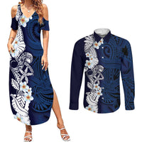 Blue Samoa Tattoo Couples Matching Summer Maxi Dress and Long Sleeve Button Shirt Plumeria Samoan Ocean Tatau Pattern - Polynesian Pride
