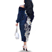 Blue Samoa Tattoo Family Matching Off The Shoulder Long Sleeve Dress and Hawaiian Shirt Plumeria Samoan Ocean Tatau Pattern LT14 - Polynesian Pride