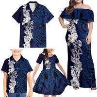 Blue Samoa Tattoo Family Matching Off Shoulder Maxi Dress and Hawaiian Shirt Plumeria Samoan Ocean Tatau Pattern - Polynesian Pride