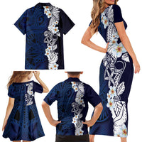 Blue Samoa Tattoo Family Matching Short Sleeve Bodycon Dress and Hawaiian Shirt Plumeria Samoan Ocean Tatau Pattern LT14 - Polynesian Pride