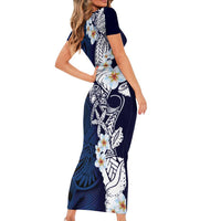 Blue Samoa Tattoo Family Matching Short Sleeve Bodycon Dress and Hawaiian Shirt Plumeria Samoan Ocean Tatau Pattern LT14 - Polynesian Pride