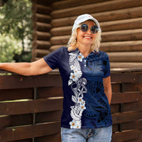 Blue Samoa Tattoo Women Polo Shirt Plumeria Samoan Ocean Tatau Pattern - Polynesian Pride