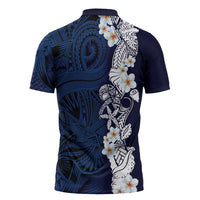Blue Samoa Tattoo Zipper Polo Shirt Plumeria Samoan Ocean Tatau Pattern - Polynesian Pride