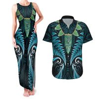 Aotearoa Pounamu Niho Couples Matching Tank Maxi Dress and Hawaiian Shirt Silver Fern Mix Maori Pattern - Turquoise