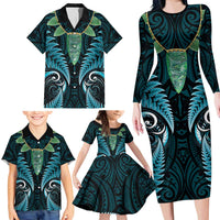 Aotearoa Pounamu Niho Family Matching Long Sleeve Bodycon Dress and Hawaiian Shirt Silver Fern Mix Maori Pattern - Turquoise LT14 - Polynesian Pride
