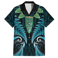 Aotearoa Pounamu Niho Family Matching Off The Shoulder Long Sleeve Dress and Hawaiian Shirt Silver Fern Mix Maori Pattern - Turquoise LT14 Dad's Shirt - Short Sleeve Turquoise - Polynesian Pride