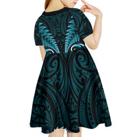 Aotearoa Pounamu Niho Kid Short Sleeve Dress Silver Fern Mix Maori Pattern - Turquoise LT14 - Polynesian Pride