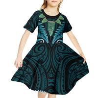 Aotearoa Pounamu Niho Kid Short Sleeve Dress Silver Fern Mix Maori Pattern - Turquoise LT14 - Polynesian Pride