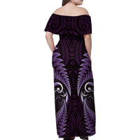 Aotearoa Pounamu Niho Family Matching Off Shoulder Maxi Dress and Hawaiian Shirt Silver Fern Mix Maori Pattern - Purple LT14 - Polynesian Pride