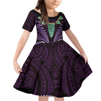 Aotearoa Pounamu Niho Family Matching Off Shoulder Short Dress and Hawaiian Shirt Silver Fern Mix Maori Pattern - Purple LT14 Daughter's Dress Purple - Polynesian Pride