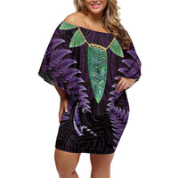 Aotearoa Pounamu Niho Family Matching Off Shoulder Short Dress and Hawaiian Shirt Silver Fern Mix Maori Pattern - Purple LT14 Mom's Dress Purple - Polynesian Pride