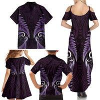 Aotearoa Pounamu Niho Family Matching Summer Maxi Dress and Hawaiian Shirt Silver Fern Mix Maori Pattern - Purple LT14 - Polynesian Pride