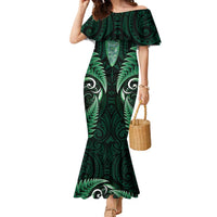 Aotearoa Pounamu Niho Family Matching Mermaid Dress and Hawaiian Shirt Silver Fern Mix Maori Pattern - Green LT14 Mom's Dress Green - Polynesian Pride