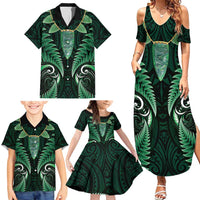 Aotearoa Pounamu Niho Family Matching Summer Maxi Dress and Hawaiian Shirt Silver Fern Mix Maori Pattern - Green LT14 - Polynesian Pride