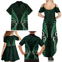Aotearoa Pounamu Niho Family Matching Summer Maxi Dress and Hawaiian Shirt Silver Fern Mix Maori Pattern - Green LT14 - Polynesian Pride