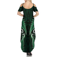 Aotearoa Pounamu Niho Family Matching Summer Maxi Dress and Hawaiian Shirt Silver Fern Mix Maori Pattern - Green LT14 - Polynesian Pride