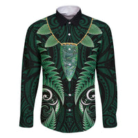 Aotearoa Pounamu Niho Family Matching Tank Maxi Dress and Hawaiian Shirt Silver Fern Mix Maori Pattern - Green LT14 Dad's Shirt - Long Sleeve Green - Polynesian Pride