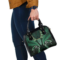 Aotearoa Pounamu Niho Shoulder Handbag Silver Fern Mix Maori Pattern - Green