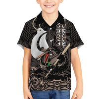 Aotearoa Hei Matau Family Matching Off The Shoulder Long Sleeve Dress and Hawaiian Shirt Haka Kiwi Mix Maori Mangopare LT14 Son's Shirt Black - Polynesian Pride