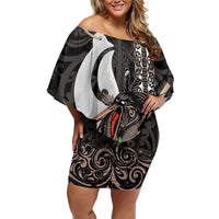 Aotearoa Hei Matau Family Matching Off Shoulder Short Dress and Hawaiian Shirt Haka Kiwi Mix Maori Mangopare LT14 Mom's Dress Black - Polynesian Pride