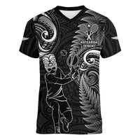 New Zealand Tiki Tennis Women V Neck T Shirt 2024 Aotearoa Tenehi Maori Silver Fern - Black LT14 Female Black - Polynesian Pride