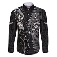 Custom New Zealand Tiki Tennis Family Matching Off Shoulder Maxi Dress and Hawaiian Shirt 2024 Aotearoa Tenehi Maori Silver Fern - Black LT14 Dad's Shirt - Long Sleeve Black - Polynesian Pride