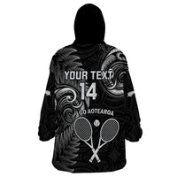 Custom New Zealand Tiki Tennis Wearable Blanket Hoodie 2024 Aotearoa Tenehi Maori Silver Fern - Black LT14 - Polynesian Pride