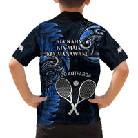 New Zealand Tiki Tennis Family Matching Off Shoulder Long Sleeve Dress and Hawaiian Shirt 2024 Aotearoa Tenehi Maori Silver Fern - Blue LT14 - Polynesian Pride
