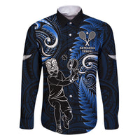 Custom New Zealand Tiki Tennis Family Matching Puletasi and Hawaiian Shirt 2024 Aotearoa Tenehi Maori Silver Fern - Blue LT14 Dad's Shirt - Long Sleeve Blue - Polynesian Pride