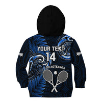 Custom New Zealand Tiki Tennis Kid Hoodie 2024 Aotearoa Tenehi Maori Silver Fern - Blue LT14 - Polynesian Pride