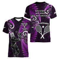New Zealand Tiki Tennis Women V Neck T Shirt 2024 Aotearoa Tenehi Maori Silver Fern - Purple LT14 - Polynesian Pride