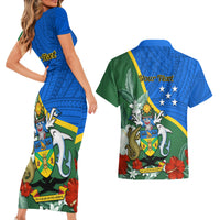 Personalised Halo Olaketa Solomon Islands Couples Matching Short Sleeve Bodycon Dress and Hawaiian Shirt Coat Of Arms With Tropical Flowers Flag Style LT14 - Polynesian Pride