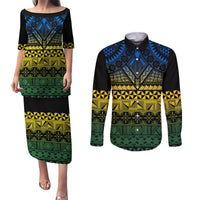 Halo Olaketa Solomon Islands Couples Matching Puletasi and Long Sleeve Button Shirt Melanesian Tribal Pattern Gradient Version LT14 Black - Polynesian Pride
