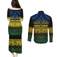 Halo Olaketa Solomon Islands Couples Matching Puletasi and Long Sleeve Button Shirt Melanesian Tribal Pattern Gradient Version LT14 - Polynesian Pride