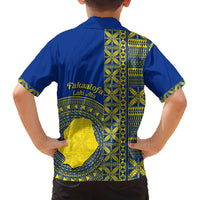 Fakaalofa Lahi Atu Niue Family Matching Off Shoulder Long Sleeve Dress and Hawaiian Shirt Niuean Map With Hiapo Pattern Blue Version LT14 - Polynesian Pride