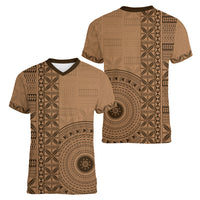 Fakaalofa Lahi Atu Niue Women V Neck T Shirt Vintage Hiapo Pattern Brown Version LT14 - Polynesian Pride
