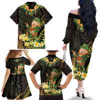 Hawaii Saint Patrick's Day Family Matching Off The Shoulder Long Sleeve Dress and Hawaiian Shirt Ukulele Leprechaun Hau'Oli Maoli Oe! LT14 - Polynesian Pride