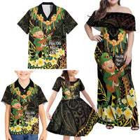 Hawaii Saint Patrick's Day Family Matching Off Shoulder Maxi Dress and Hawaiian Shirt Ukulele Leprechaun Hau'Oli Maoli Oe! LT14 - Polynesian Pride