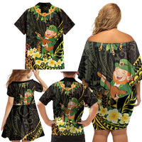 Hawaii Saint Patrick's Day Family Matching Off Shoulder Short Dress and Hawaiian Shirt Ukulele Leprechaun Hau'Oli Maoli Oe! LT14 - Polynesian Pride