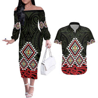 Kia Ora Aotearoa Couples Matching Off The Shoulder Long Sleeve Dress and Hawaiian Shirt 2025 Pasifika Maori Taniko Motifs LT14 Black - Polynesian Pride