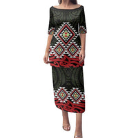 Kia Ora Aotearoa Family Matching Puletasi and Hawaiian Shirt 2025 Pasifika Maori Taniko Motifs LT14 Mom's Dress Black - Polynesian Pride