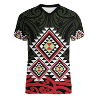 Kia Ora Aotearoa Women V-Neck T-Shirt 2025 Pasifika Maori Taniko Motifs